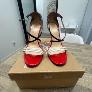 Christian Louboutin Red Patent & Black Strappy Sandals with White Accents